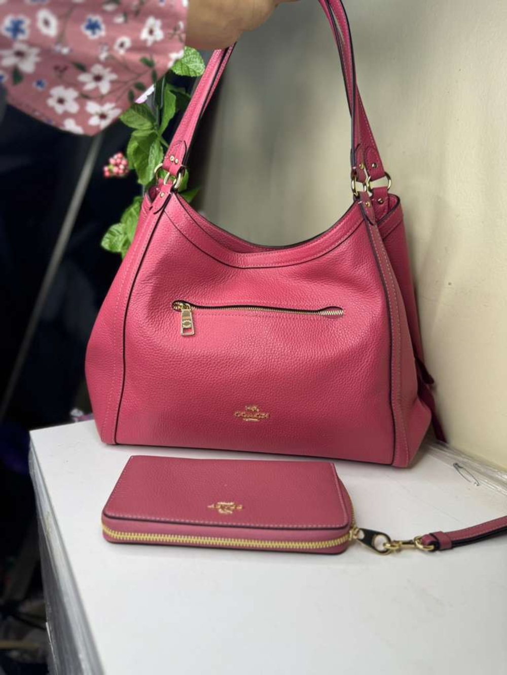 Coach Pebbled Leather Pink Shoulder Bag with Zip Wallet
